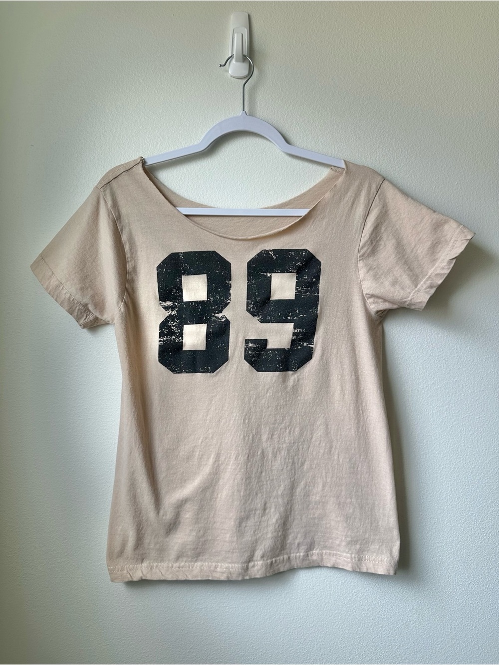 Distressed 89 Graphic Tee Beige DIY Cut Wide Neck Y2K Grunge